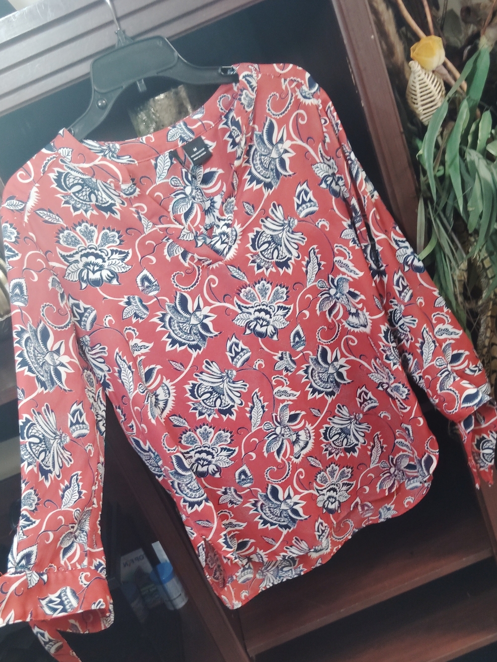 new directions Red Floral V-Neck Blouse with Navy & White Print